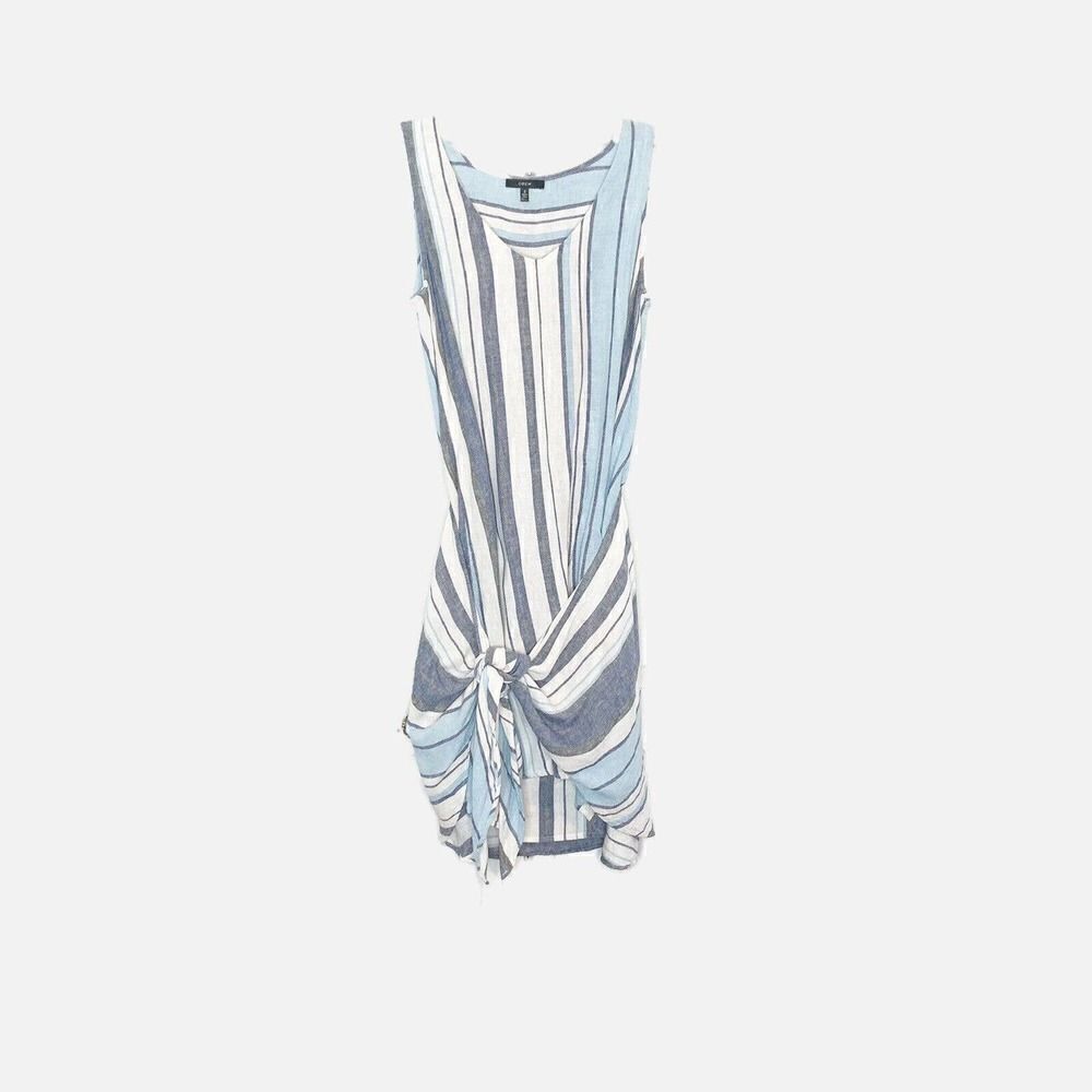 DREW Morgan Tie Front Linen Blend Sleeveless V-Neck Striped Blue Cream Dress S
